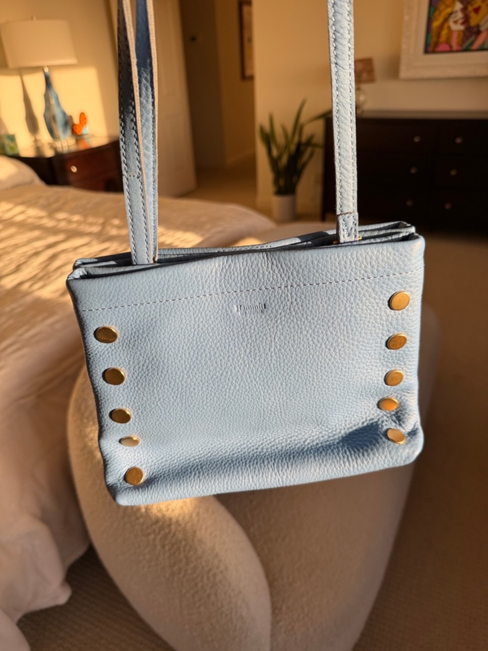 Hammitt Powder Blue Pebbled Leather Shoulder Bag with Gold Studs